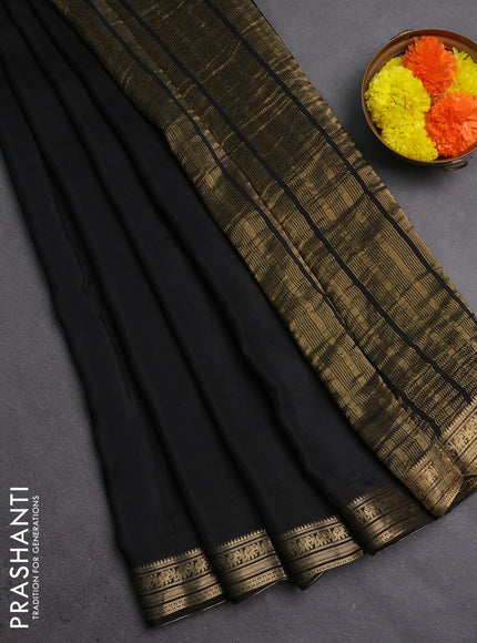Semi mysore silk saree black with plain body and temple design zari woven border