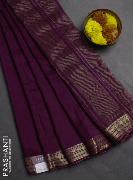 Semi mysore silk saree wine shade with plain body and temple design zari woven border