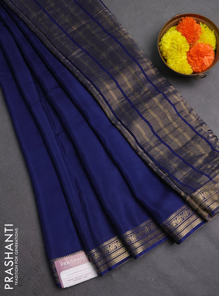 Semi mysore silk saree navy blue with plain body and temple design zari woven border