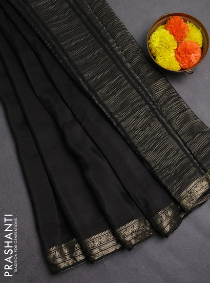 Semi mysore silk saree black with plain body and temple design zari woven border
