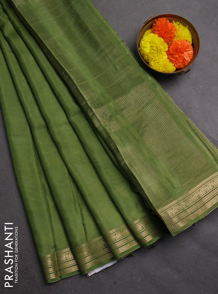 Semi mysore silk saree green with plain body and temple design zari woven border