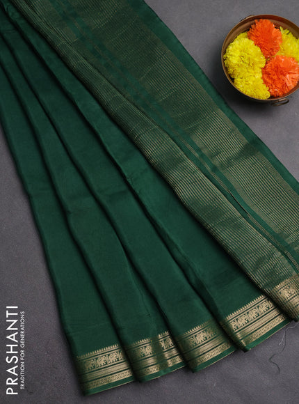 Semi mysore silk saree green with plain body and temple design zari woven border