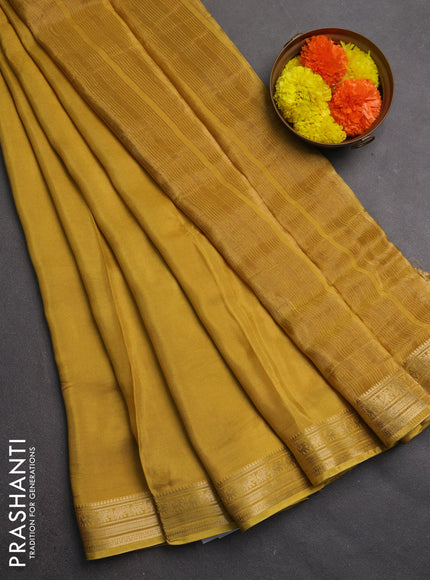 Semi mysore silk saree mustard yellow with plain body and temple design zari woven border
