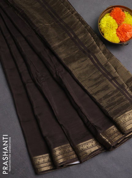 Semi mysore silk saree coffee brown with plain body and temple design zari woven border