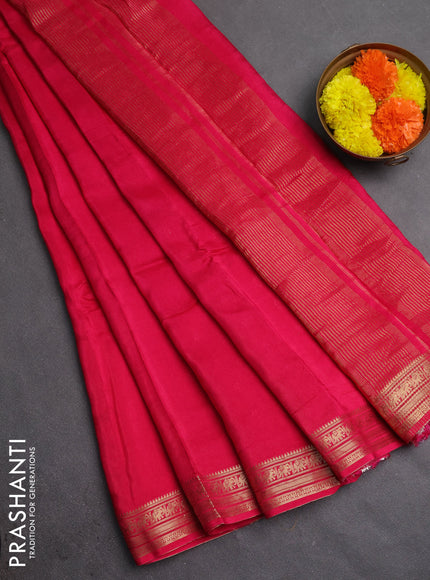Semi mysore silk saree pink with plain body and temple design zari woven border