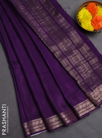 Semi mysore silk saree violet with plain body and temple design zari woven border