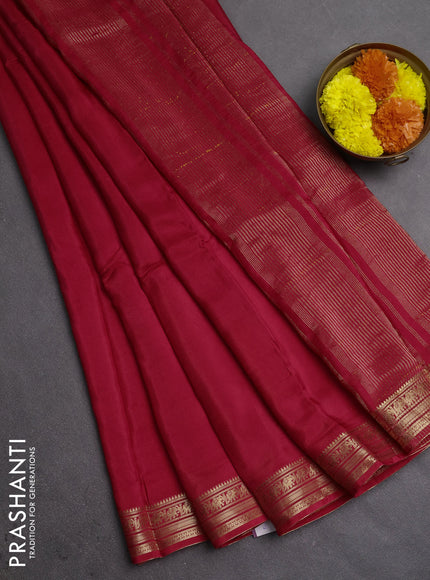 Semi mysore silk saree red with plain body and temple design zari woven border