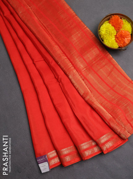 Semi mysore silk saree orange with plain body and zari woven border