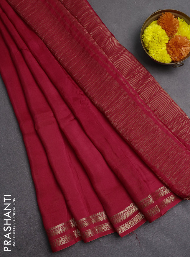 Semi mysore silk saree red with plain body and zari woven border