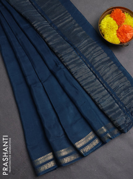Semi mysore silk saree peacock blue with plain body and zari woven border