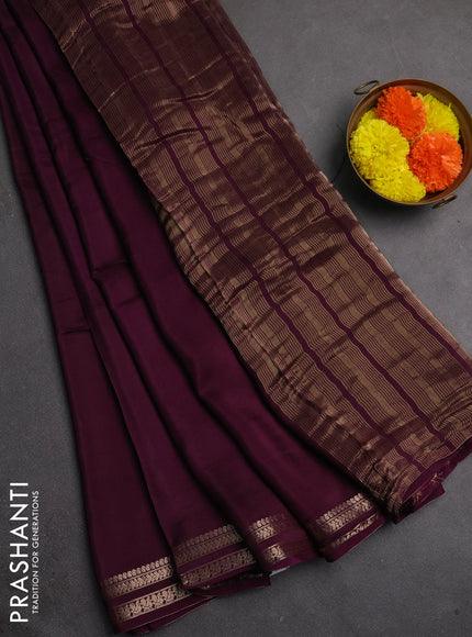 Semi mysore silk saree wine shade with plain body and zari woven border