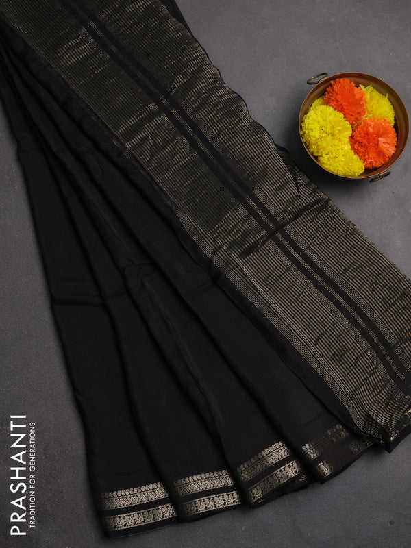 Semi mysore silk saree black with plain body and zari woven border