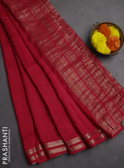 Semi mysore silk saree red with plain body and zari woven border
