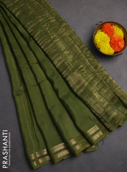 Semi mysore silk saree mehendi green with plain body and zari woven border