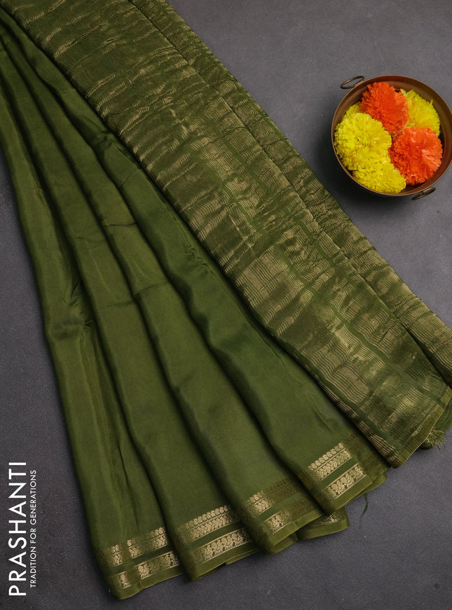 Semi mysore silk saree mehendi green with plain body and zari woven border