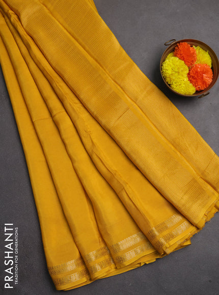 Semi mysore silk saree yellow with plain body and zari woven border