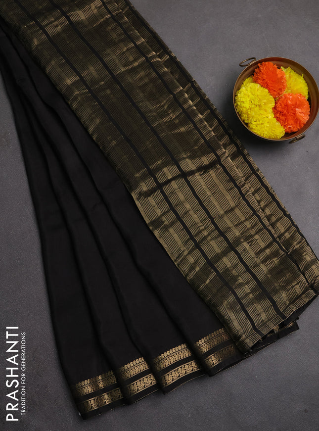 Semi mysore silk saree black with plain body and zari woven border