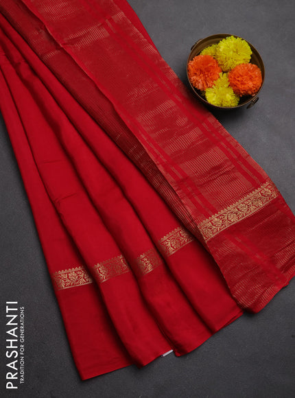 Semi mysore silk saree red with plain body and zari woven simple border