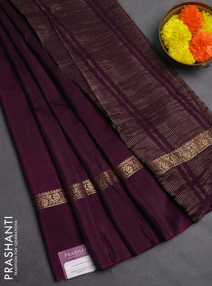 Semi mysore silk saree deep wine with plain body and zari woven simple border