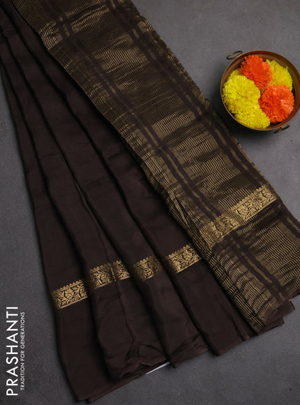 Semi mysore silk saree coffee brown with plain body and zari woven simple border