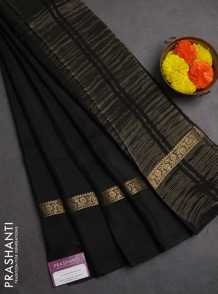 Semi mysore silk saree black with plain body and zari woven simple border