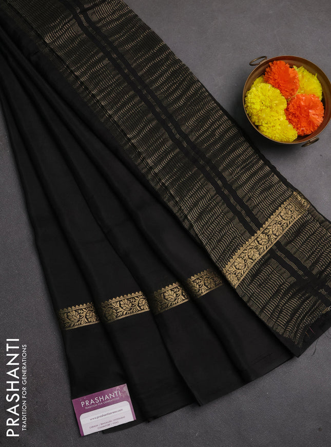 Semi mysore silk saree black with plain body and zari woven simple border