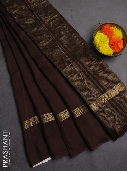 Semi mysore silk saree coffee brown with plain body and zari woven simple border