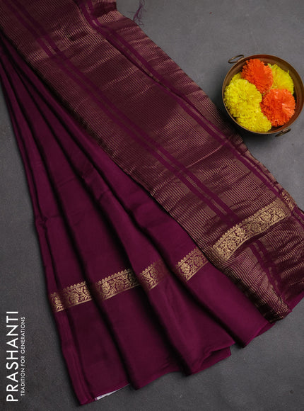 Semi mysore silk saree wine shade with plain body and zari woven simple border