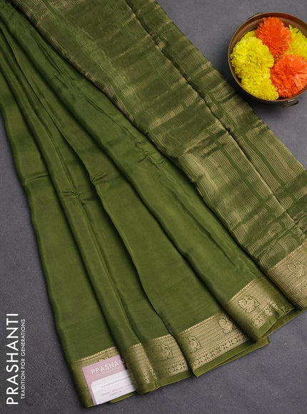 Semi mysore silk saree mehendi green with plain body and zari woven border