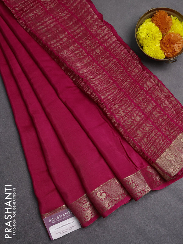 Semi mysore silk saree pink with plain body and zari woven border
