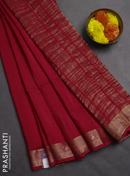 Semi mysore silk saree red with plain body and zari woven border