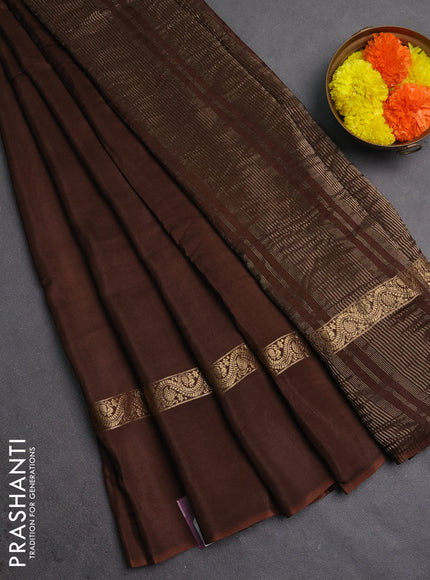 Semi mysore silk saree coffee brown with plain body and zari woven simple border