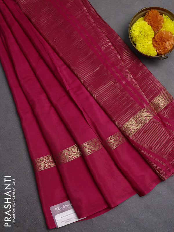 Semi mysore silk saree pink with plain body and zari woven simple border