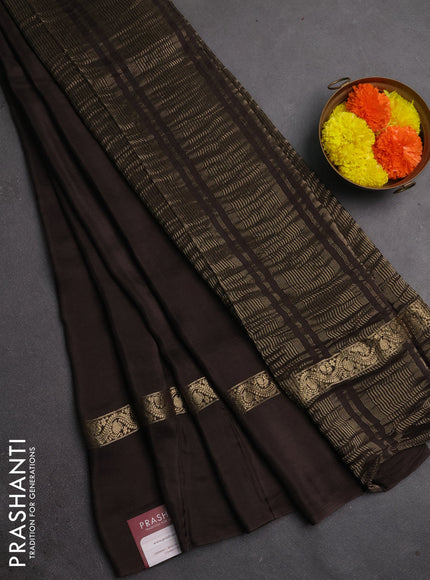 Semi mysore silk saree coffee brown with plain body and zari woven simple border