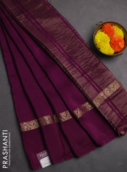Semi mysore silk saree wine shade with plain body and zari woven simple border