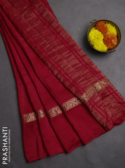 Semi mysore silk saree red with plain body and zari woven simple border