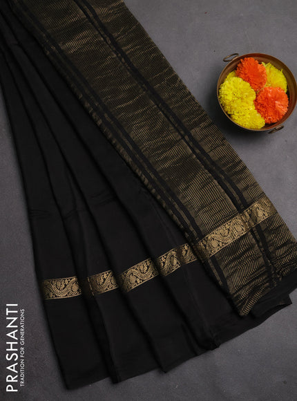 Semi mysore silk saree black with plain body and zari woven simple border