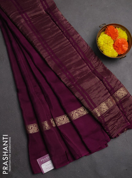 Semi mysore silk saree wine shade with plain body and zari woven simple border