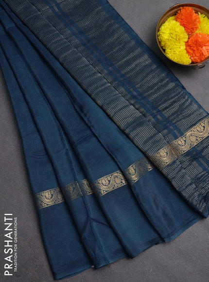 Semi mysore silk saree peacock blue with plain body and zari woven simple border
