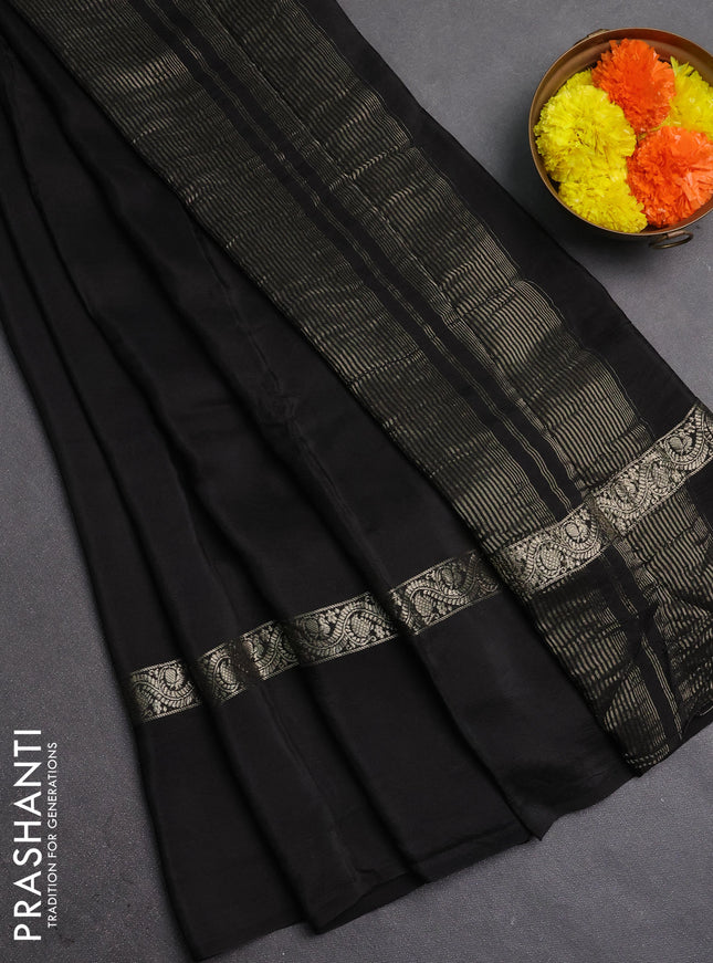 Semi mysore silk saree black with plain body and zari woven simple border