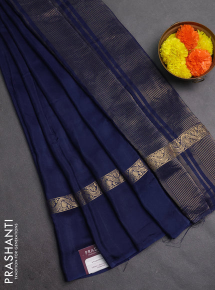 Semi mysore silk saree navy blue with plain body and zari woven simple border