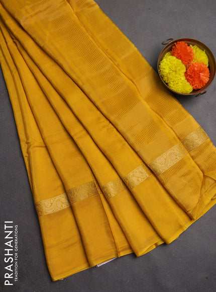 Semi mysore silk saree mustard yellow with plain body and zari woven simple border