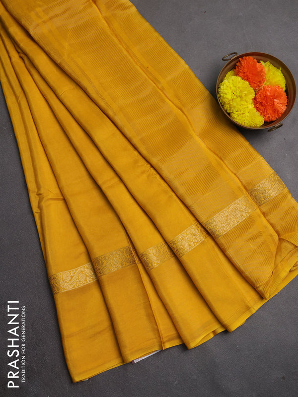 Semi mysore silk saree mustard yellow with plain body and zari woven simple border