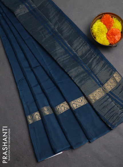 Semi mysore silk saree peacock blue with plain body and zari woven simple border
