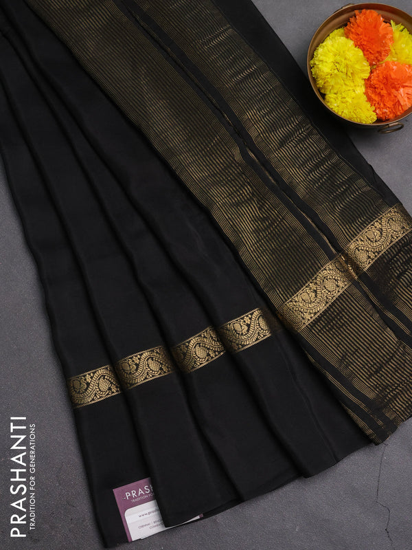 Semi mysore silk saree black with plain body and zari woven simple border