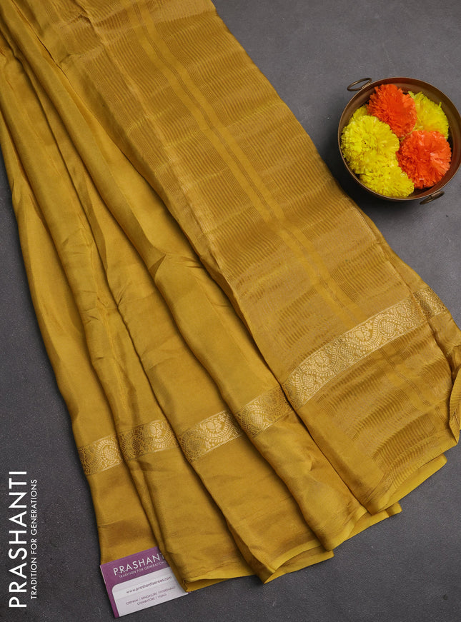 Semi mysore silk saree mustard yellow with plain body and zari woven simple border