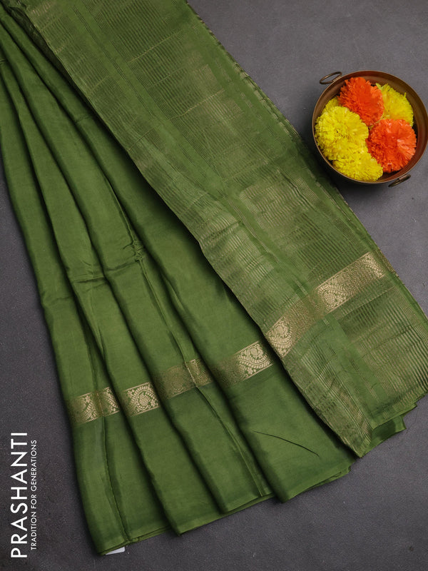 Semi mysore silk saree green with plain body and zari woven simple border
