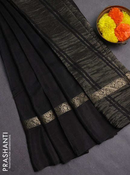 Semi mysore silk saree black with plain body and zari woven simple border