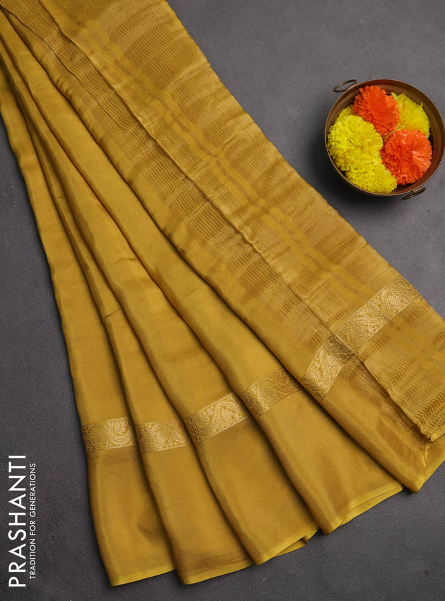 Semi mysore silk saree mustard yellow with plain body and zari woven simple border