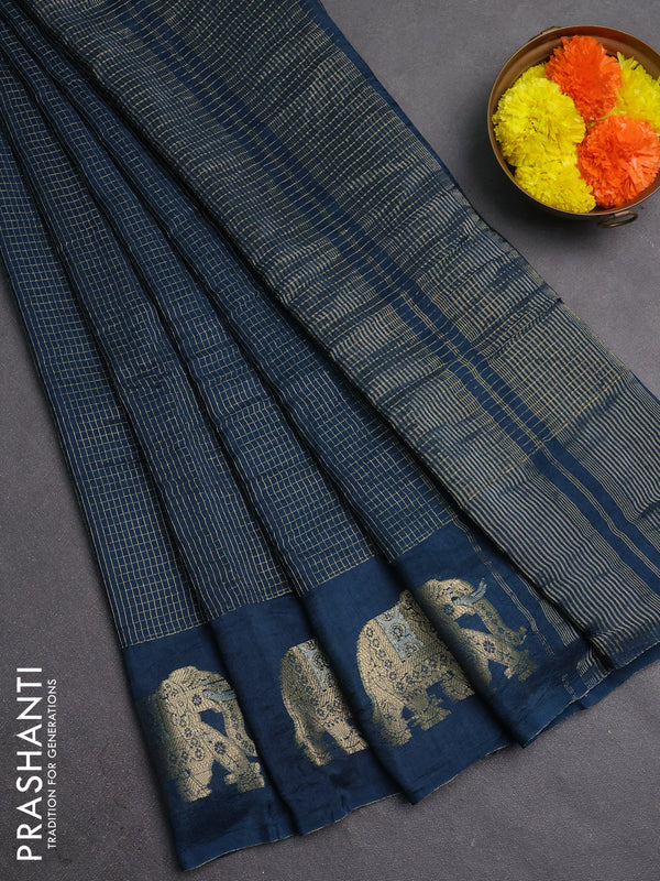 Semi mysore silk saree peacock blue with allover zari checks and zari woven butta border
